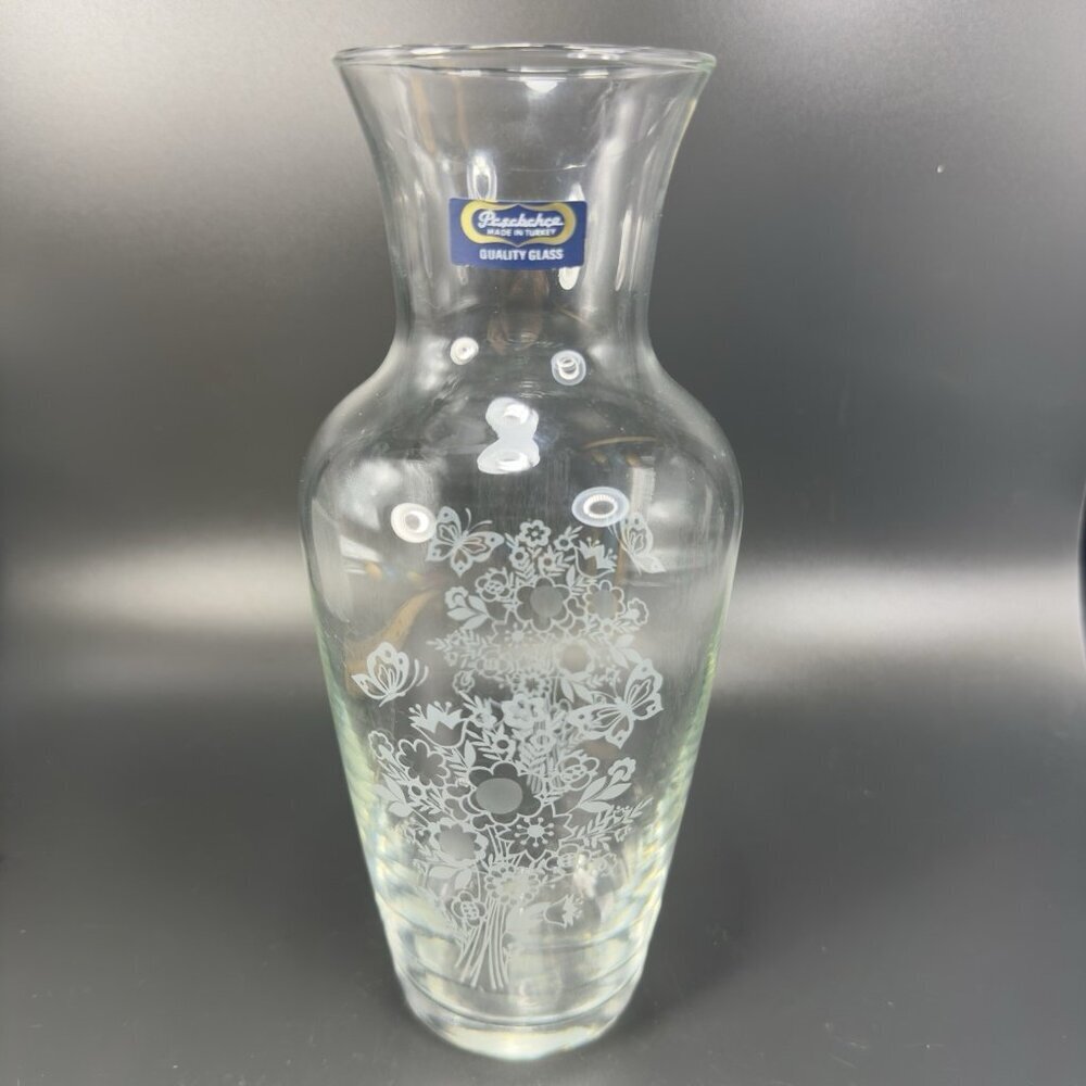 Pasabahce Glass‎ Vase Vessel Tall Clear With White Floral Butterfly Pattern VTG